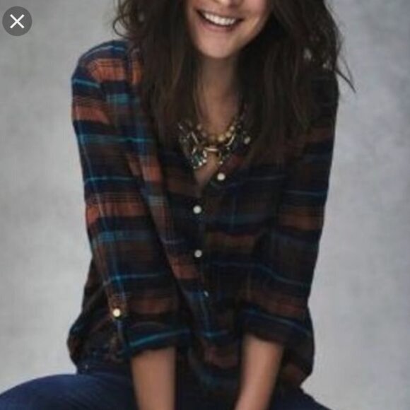 Anthropologie Isabella Sinclair Plaid Twisted Button Down Blue Orange XS Womens - Picture 2 of 14